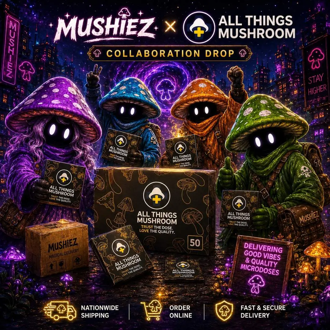 MUSHIEZ x ALL THINGS MUSHROOM collaboration drop poster, the four adventurers in the purple city